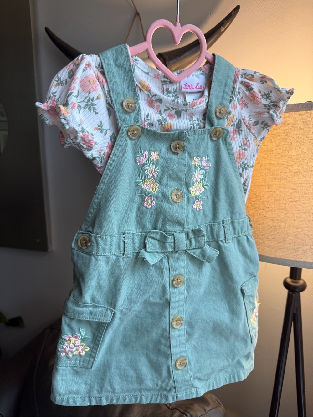 Little Lass Sage Green Embroidered Overall Dress